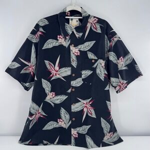 Banana Cabana Mens XL Silk Hawaiian Shirt Black Bird of Paradise Floral Tropical